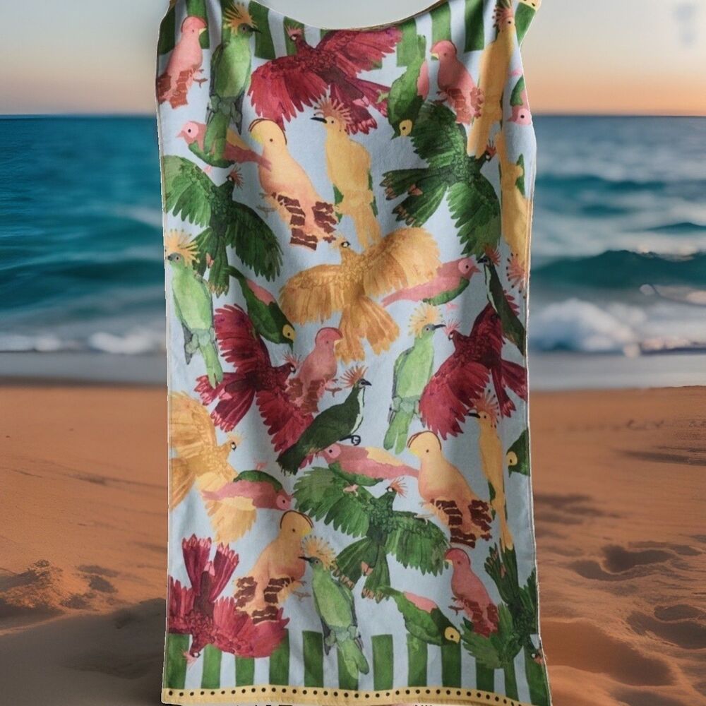 Farm Rio Anthropologie Beach Towel Tropical Birds Blue Yellow 100% Cotton NWT